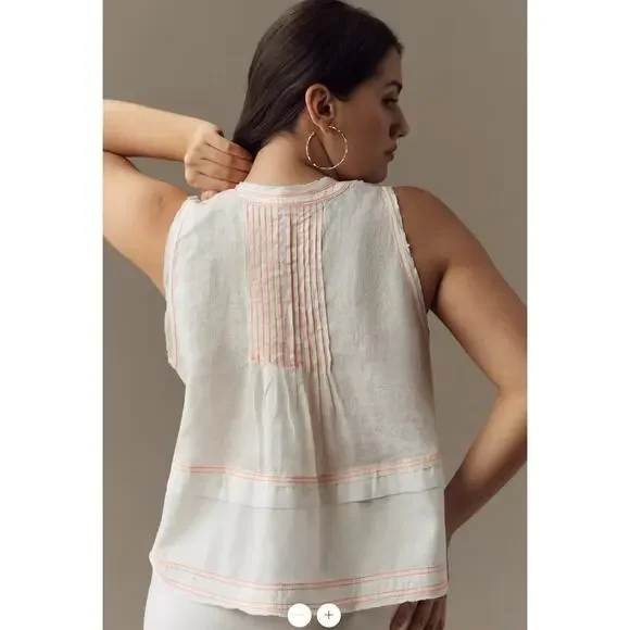 Pilcro Anthropologie Women's Top S White Raw Edge Linen Swing Coastal Boho - Picture 3 of 16